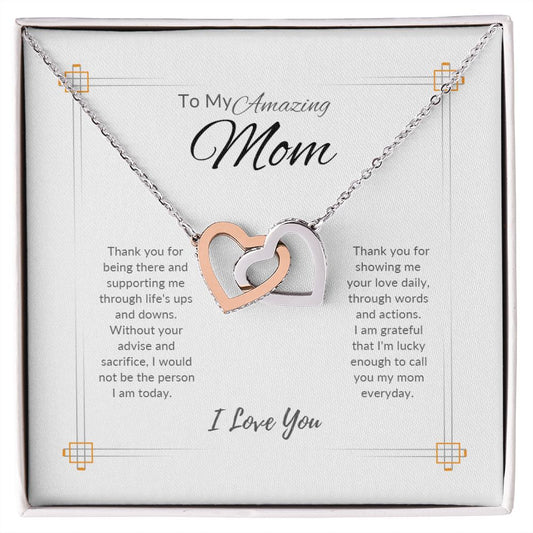 To My Amazing Mom | Interlocking Hearts Necklace | Gray on White Msg Card
